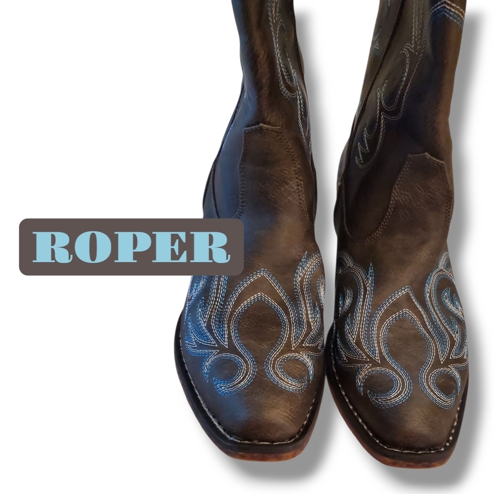 Roper Riley Brown Vintage Cowgirl Western Boots Blue Stitch New Women's Size 8.5 - Picture 9 of 11